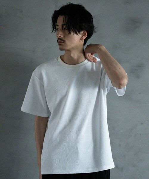 MEN'S BIGI / メンズビギ Tシャツ | ランダムメッシュ ジャガード Tシャツ（ホワイト）