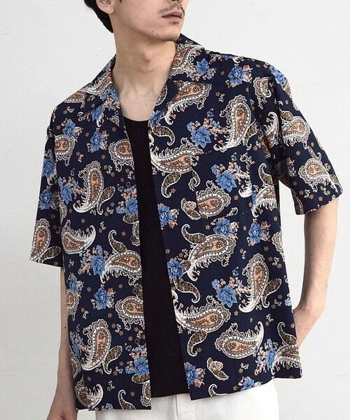 MEN'S BIGI / メンズビギ シャツ・ブラウス | ペイズリープリンオープンカラー半袖シャツ（ネイビー系）