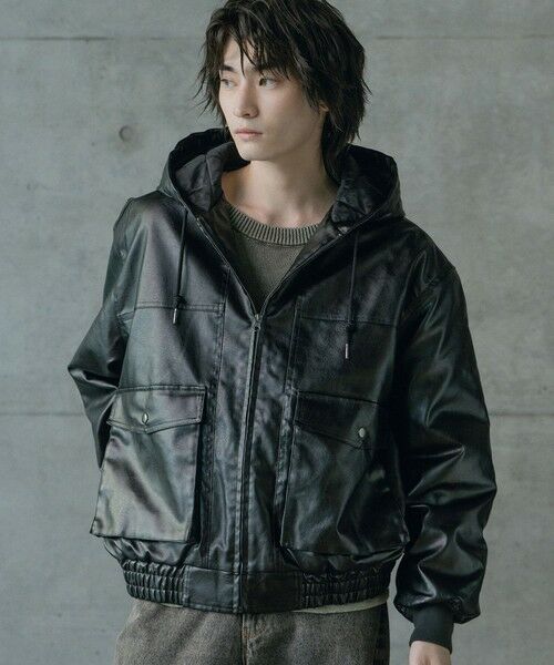 MEN'S BIGI / メンズビギ ブルゾン | ビンテージシンセティックレザーA-2タイプパーカーブルゾン（ブラック）