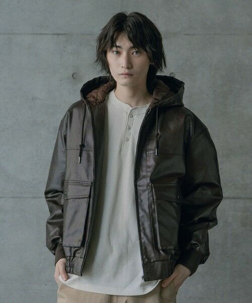 MEN'S BIGI / メンズビギ ブルゾン | ビンテージシンセティックレザーA-2タイプパーカーブルゾン | 詳細9