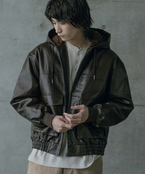 MEN'S BIGI / メンズビギ ブルゾン | ビンテージシンセティックレザーA-2タイプパーカーブルゾン（ブラウン）