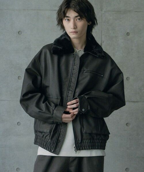 MEN'S BIGI / メンズビギ ブルゾン | ビンテージシンセティックレザーファーカラー脱着フライトブルゾン（ブラック）