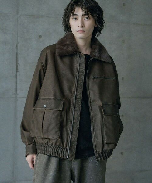 MEN'S BIGI / メンズビギ ブルゾン | ビンテージシンセティックレザーファーカラー脱着フライトブルゾン（ブラウン）