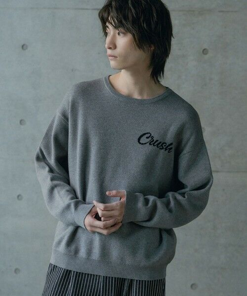 MEN'S BIGI / メンズビギ ニット・セーター | Wジャガードオーバーサイズロゴプルオーバーニット（グレー）