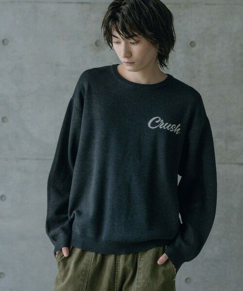 MEN'S BIGI / メンズビギ ニット・セーター | Wジャガードオーバーサイズロゴプルオーバーニット（ブラック）