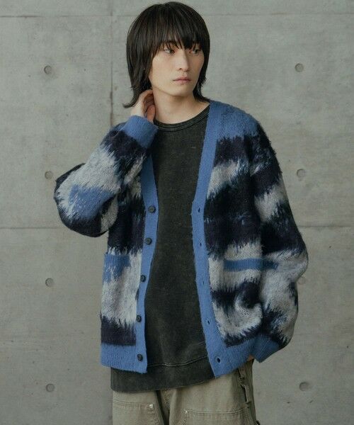 MEN'S BIGI / メンズビギ ニット・セーター | カモフラ風Wジャガードカーディガン（ネイビー）