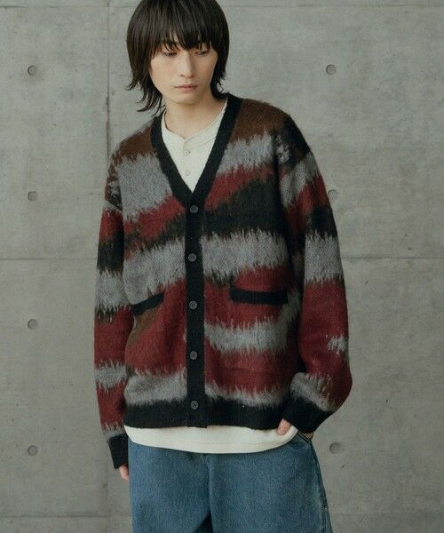 MEN'S BIGI / メンズビギ ニット・セーター | カモフラ風Wジャガードカーディガン（ボルドー）