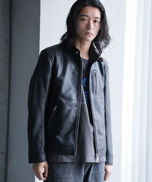 MEN'S BIGI / メンズビギ ブルゾン | SHEEP LEATHER/シープレザー シングルライダースジャケット（ブラック）