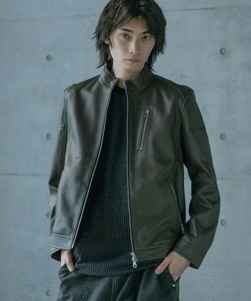 MEN'S BIGI / メンズビギ ブルゾン | SHEEP LEATHER/シープレザー シングルライダースジャケット（カーキ）