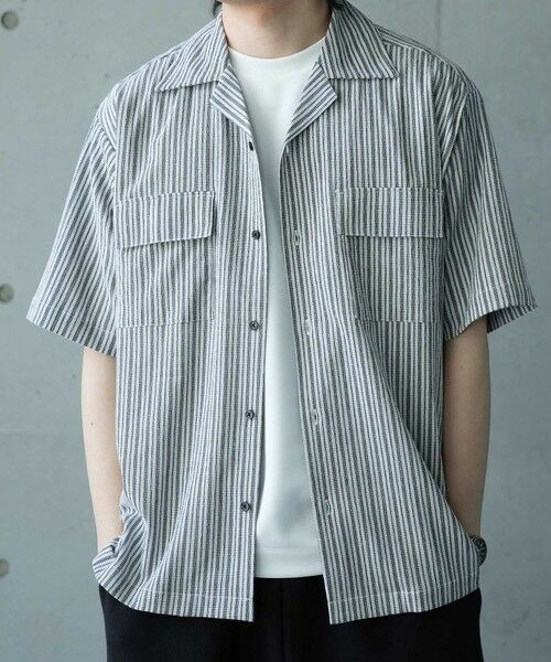 MEN'S BIGI / メンズビギ シャツ・ブラウス | シャーリングストライプオープンカラーシャツ（ブラック系）