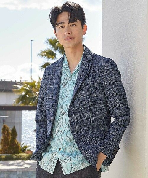 MEN'S BIGI / メンズビギ テーラードジャケット | シアサッカーグレンチェックプリントテーラードジャケット（ネイビー系）