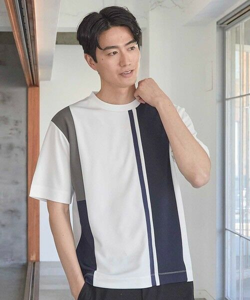 MEN'S BIGI / メンズビギ Tシャツ | パネル切り替え 異素材コンビクルーネックＴ（ホワイト）