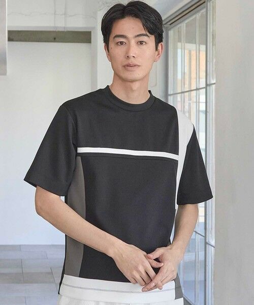 MEN'S BIGI / メンズビギ Tシャツ | パネル切り替え 異素材コンビクルーネックＴ（ブラック）
