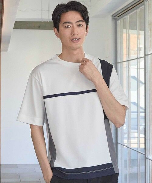 MEN'S BIGI / メンズビギ Tシャツ | パネル切り替え 異素材コンビクルーネックＴ（ホワイト系）