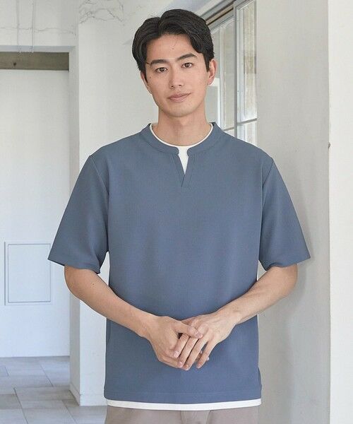 MEN'S BIGI / メンズビギ Tシャツ | ふくれJQDフェイクレイヤードキーネックT（ブルー）