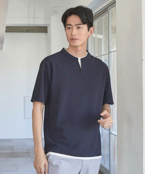 MEN'S BIGI / メンズビギ Tシャツ | ふくれJQDフェイクレイヤードキーネックT（ネイビー）