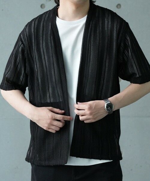 MEN'S BIGI / メンズビギ Tシャツ | *WEB限定　シアジャガード ストライプカーディガン（ブラック）