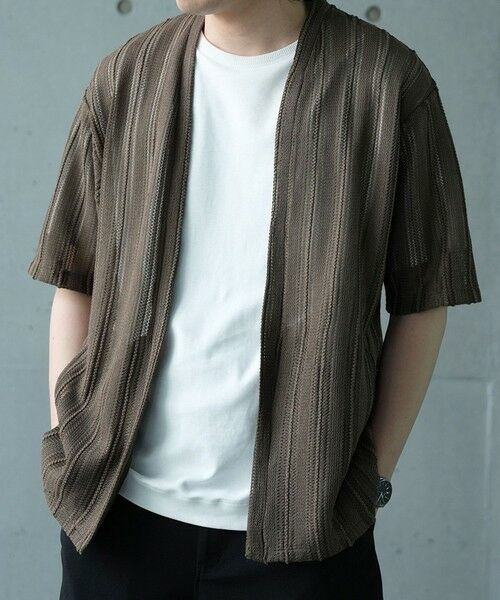 MEN'S BIGI / メンズビギ Tシャツ | *WEB限定　シアジャガード ストライプカーディガン（カーキ）