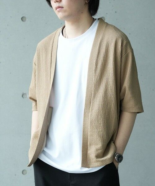 MEN'S BIGI / メンズビギ Tシャツ | *WEB限定 シアー ジャガード 5分袖 ボタンレスカーディガン（ベージュ）