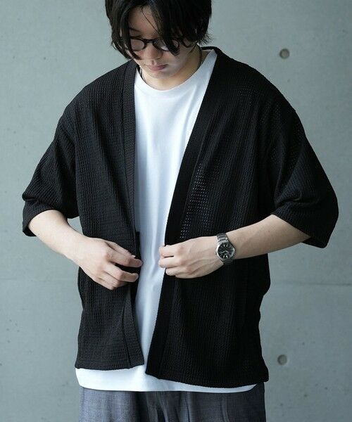 MEN'S BIGI / メンズビギ Tシャツ | *WEB限定 シアー ジャガード 5分袖 ボタンレスカーディガン（ブラック）