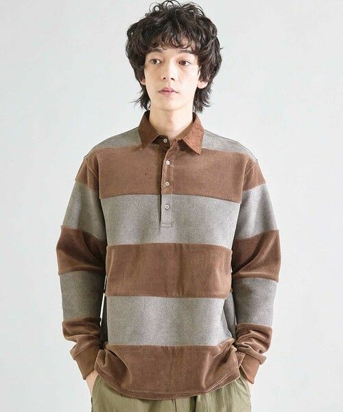 MEN'S BIGI / メンズビギ スウェット | カットベロア×フェイクスエードボーダー ラグビーシャツ | 詳細1