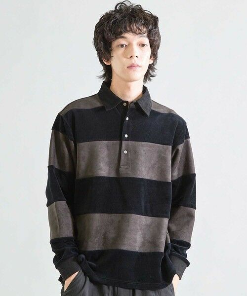 MEN'S BIGI / メンズビギ スウェット | カットベロア×フェイクスエードボーダー ラグビーシャツ | 詳細7