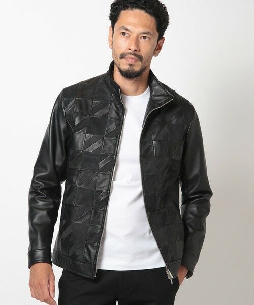 MEN'S BIGI / メンズビギ レザーブルゾン・ジャケット | クロームタンニングレザー千鳥格子コンビジャケット | 詳細1