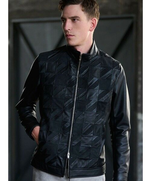 MEN'S BIGI / メンズビギ レザーブルゾン・ジャケット | クロームタンニングレザー千鳥格子コンビジャケット | 詳細13