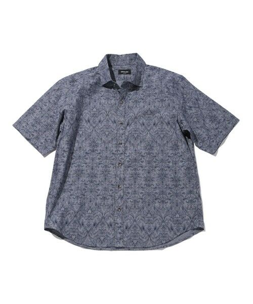 MEN'S BIGI / メンズビギ シャツ・ブラウス | コットンダンガリーエスニックプリント半袖シャツ（ネイビー）