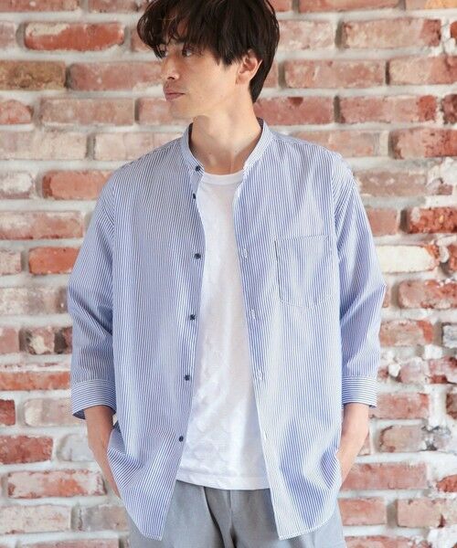 MEN'S BIGI / メンズビギ シャツ・ブラウス | ７分袖ストライプバンドカラーシャツ（ブルー系）