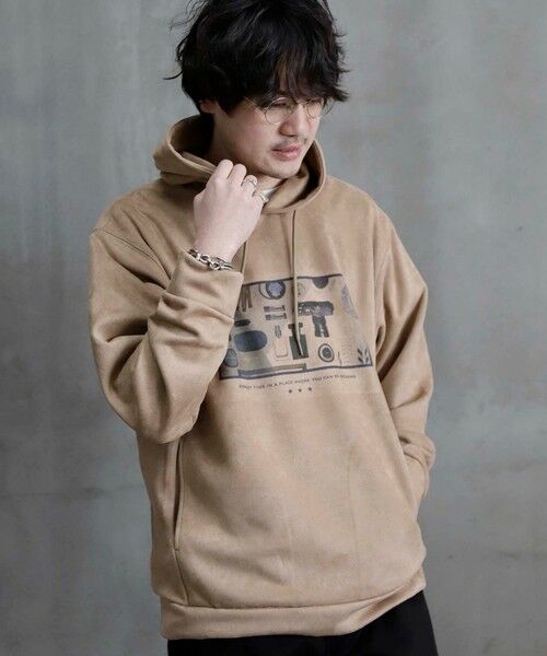 MEN'S BIGI / メンズビギ Tシャツ | ストレッチスウェード昇華転写プリントパーカー（ベージュ）