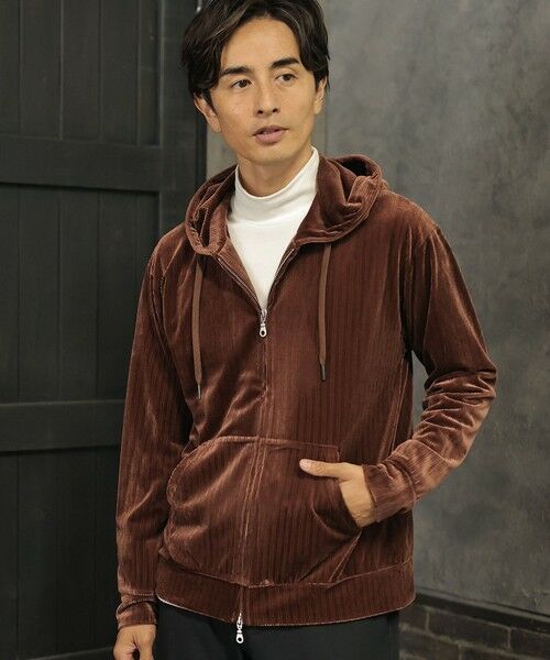 MEN'S BIGI / メンズビギ スウェット | ベロアストライプパーカー（ブラウン）