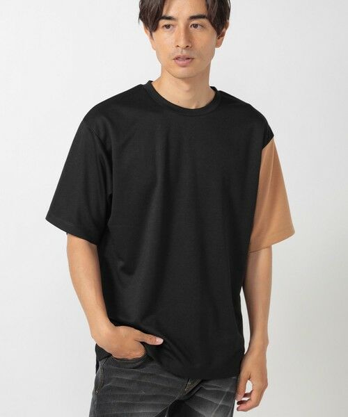 MEN'S BIGI / メンズビギ Tシャツ | ポンチ切り替えアシンメトリーTシャツ（ブラック）