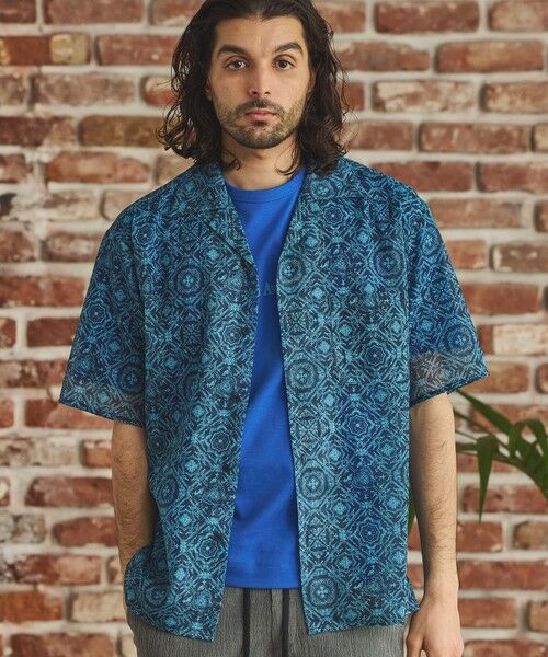 MEN'S BIGI / メンズビギ シャツ・ブラウス | メッシュタイル柄プリントオープンカラーシ（ネイビー系）