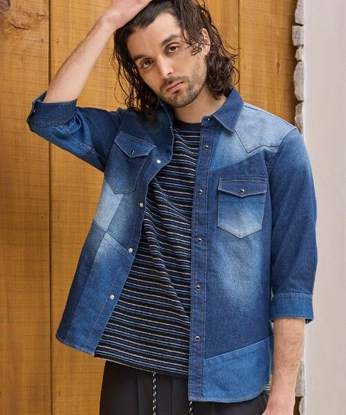 MEN'S BIGI / メンズビギ シャツ・ブラウス | デニムパッチワーク7分袖ウエスタンシャツ（ブルー）
