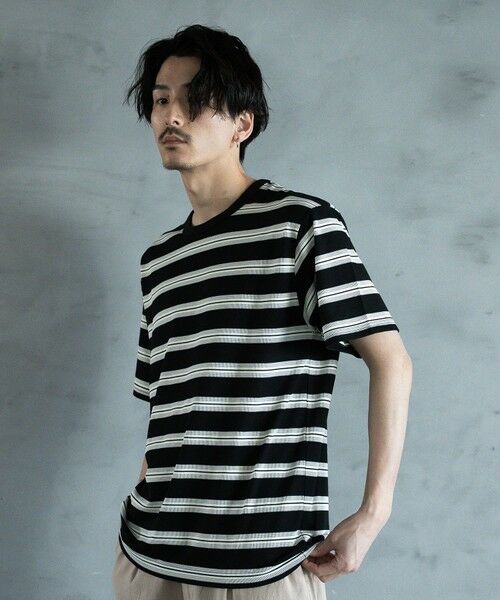 MEN'S BIGI / メンズビギ Tシャツ | ジャガードボーダーTシャツ（ブラック）