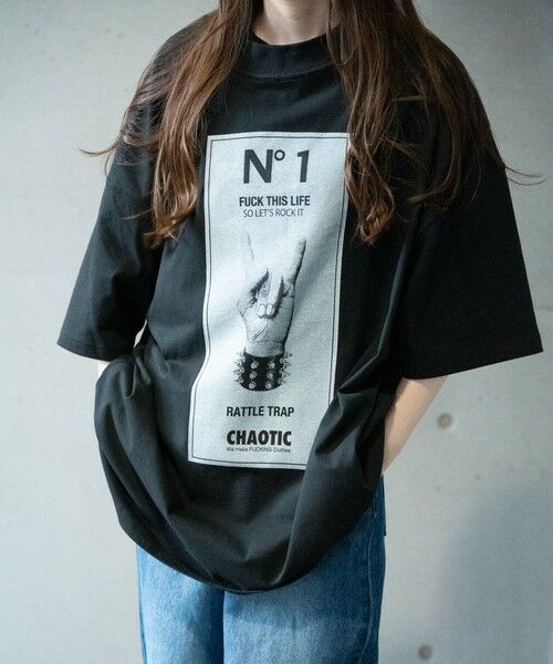 MEN'S BIGI / メンズビギ Tシャツ | 【CHAOTIC】別注メロイックサインプリントオーバーサイズTシャツ（ブラック）