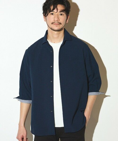 MEN'S BIGI / メンズビギ シャツ・ブラウス | ポリエステルカチオン七分袖ワイドカラーシャツ（ネイビー）