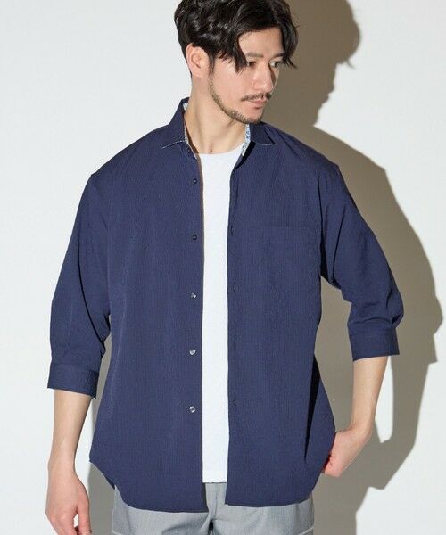 MEN'S BIGI / メンズビギ シャツ・ブラウス | 楊柳ワッシャー七分袖ワイドカラーシャツ（ネイビー）