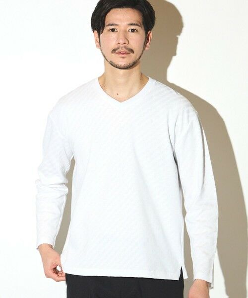 MEN'S BIGI / メンズビギ Tシャツ | リンクスジャガードVネックロンT（ホワイト）