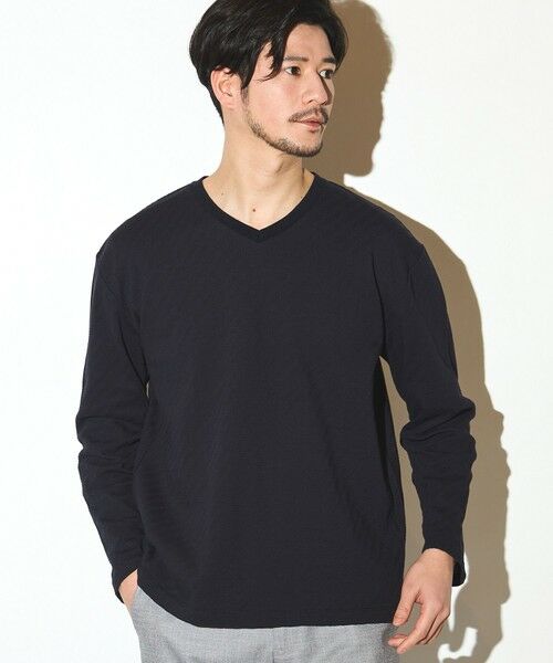 MEN'S BIGI / メンズビギ Tシャツ | リンクスジャガードVネックロンT（ネイビー）