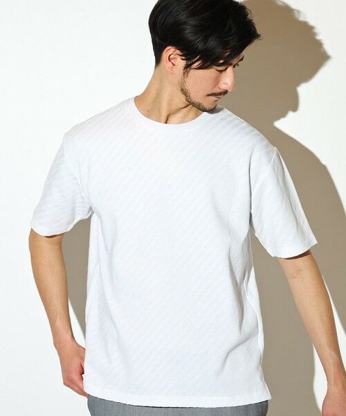 MEN'S BIGI / メンズビギ Tシャツ | シェブロン柄リンクスジャガードクルーT（ホワイト）