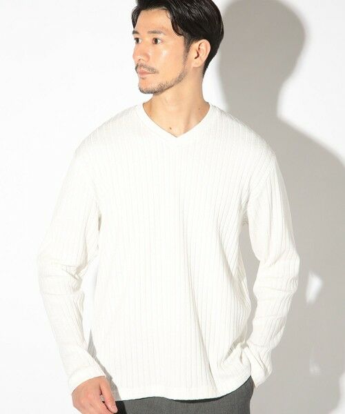 MEN'S BIGI / メンズビギ Tシャツ | ストライプジャガードニットソー/VネックロンTEE | 詳細1