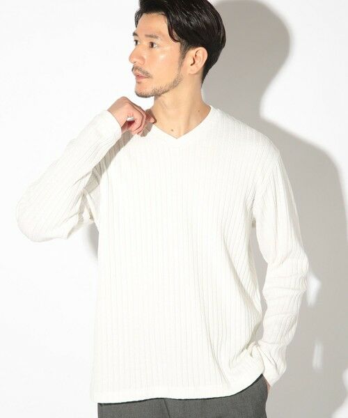 MEN'S BIGI / メンズビギ Tシャツ | ストライプジャガードニットソー/VネックロンTEE（ホワイト）