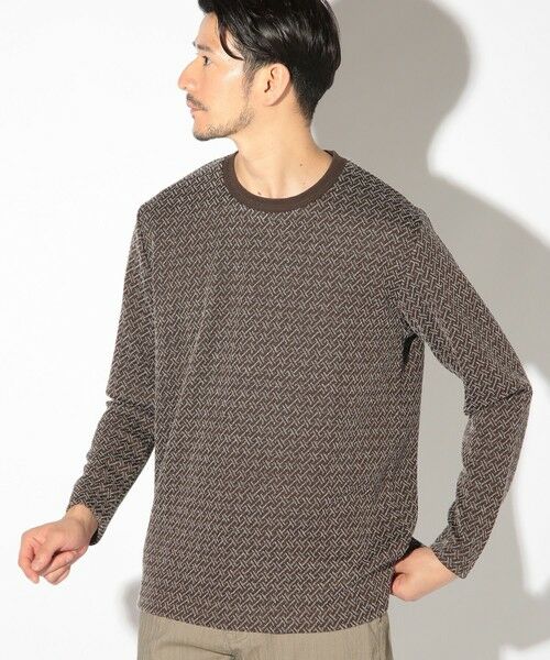 MEN'S BIGI / メンズビギ Tシャツ | ジオメトリックジャガードクルーネックロンT（ブラウン）