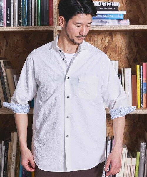 MEN'S BIGI / メンズビギ シャツ・ブラウス | ナチュラルストレッチワッシャー七分袖ワイドカラーシャツ（オフホワイト）