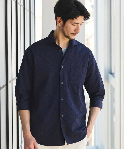 MEN'S BIGI / メンズビギ シャツ・ブラウス | ナチュラルストレッチワッシャー七分袖ワイドカラーシャツ（ネイビー）