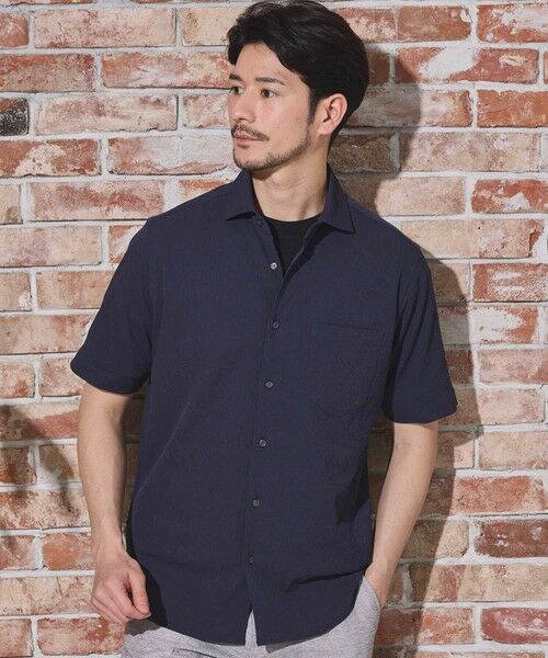 MEN'S BIGI / メンズビギ シャツ・ブラウス | ワッシャーワイドカラー半袖シャツ（ネイビー）