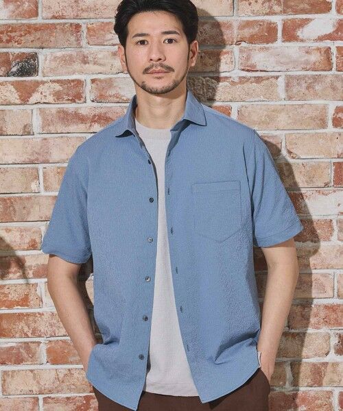 MEN'S BIGI / メンズビギ シャツ・ブラウス | ワッシャーワイドカラー半袖シャツ（ダークブルー）