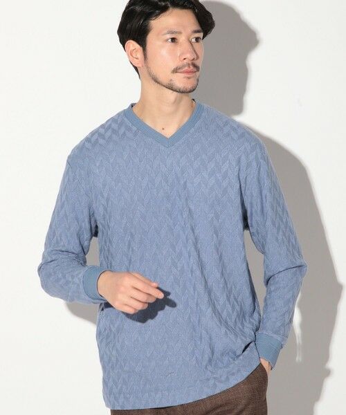 MEN'S BIGI / メンズビギ Tシャツ | ミルジャガードチェック柄VネックロンT（サックス）